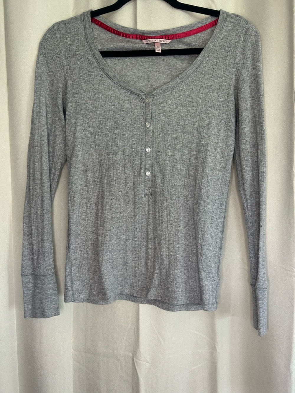 Victoria's Secret Light Gray Ribbed Henley Long-Sleeve‎ Top